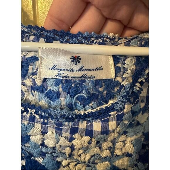 Margarita Mercantile Blue White Embroidered Gingham Tiered Midi Mexico Dress - Picture 8 of 13